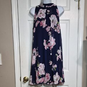 Robbie Bee Navy Dress with Pink Floral Accents